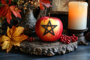 Pagan star shaped symbol on red apple on dark background with berries and burning candles. Mabon sabbat, Samhain, Yule. Autumn equinox holiday. Wiccan pagan religion. Magic esoteric spiritual ritual