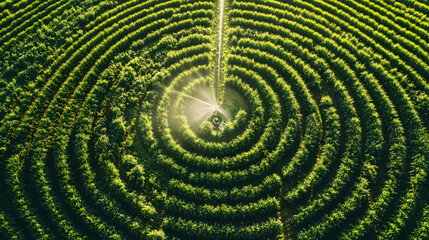 Aerial view of irrigation system watering circular crop field