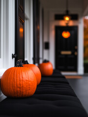 Obraz premium Three pumpkins sitting on a porch bench in front of a house with a black front door decorated for halloween