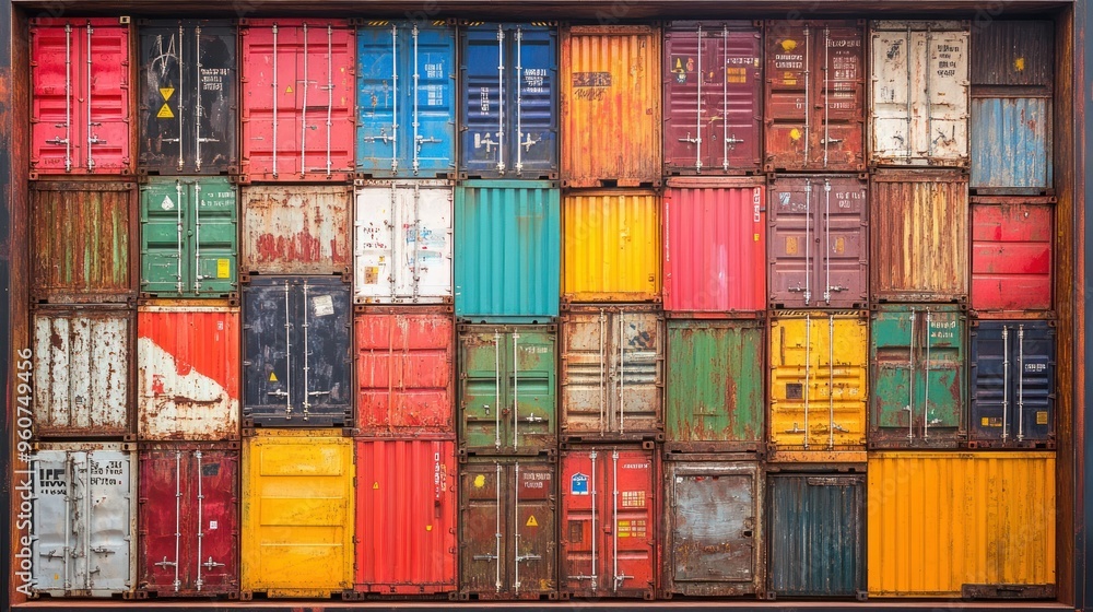 Poster stack of rusted and painted shipping containers