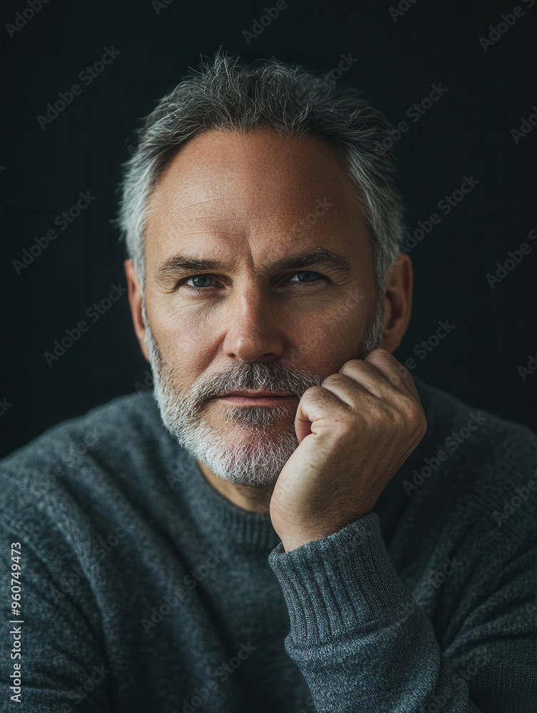 Aufkleber a man rests his chin on his hand, contemplating with a serious expression in a dark, serene setting 