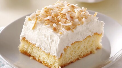 A slice of white cake with coconut flakes on top