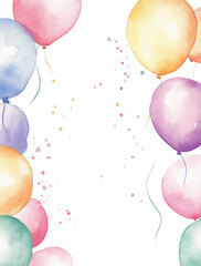 Watercolor frame with balloons, pastel colors, white background, soft watercolours, light colours, birthday party, celebration, joyful mood