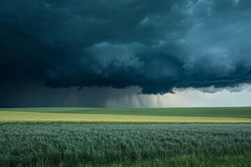Dark storm clouds and rain rolling over wide open fields of farmland, with distant thunder