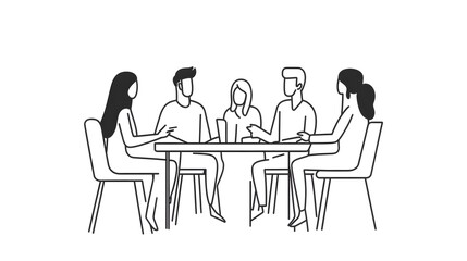 A simple line drawing of five people sitting around a table, talking against a white background