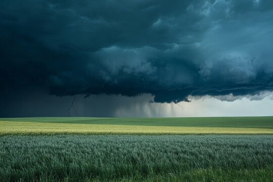 Dark storm clouds and rain rolling over wide open fields of farmland, with distant thunder