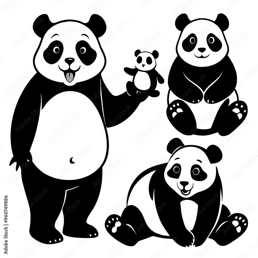 Poster three playful pandas are depicted in black silhouette art capturing their charm and unique poses in 