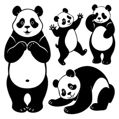 Obraz premium A collection of black silhouette pandas in different playful poses captures their charm and character in isolated art suitable for various design uses