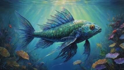 Naklejka premium A vibrant blue fish swims through a colorful underwater scene.