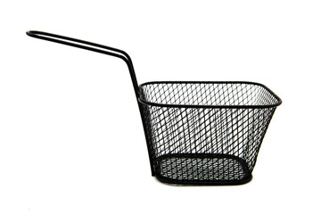 Empty black wire chip or French fries serving deep fryer basket isolated on white background with clipping path and copy space. Small metal wire frying basket.