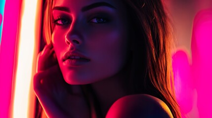 A woman with long brown hair is standing in front of a neon sign