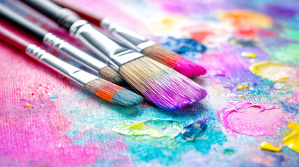Obraz premium Colorful paintbrushes resting on a vibrant palette covered in splashes of paint in a creative workspace setting
