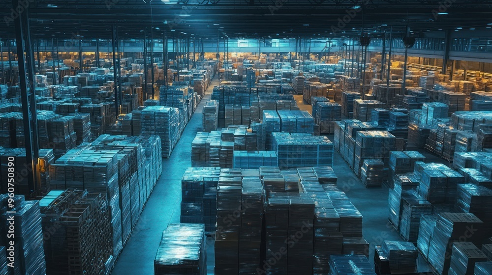 Poster rows of wrapped cardboard boxes in a large warehouse