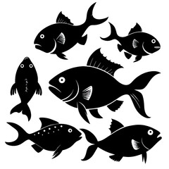 This artwork features a dynamic arrangement of fish in different poses highlighting their unique shapes and details in an elegant black art style