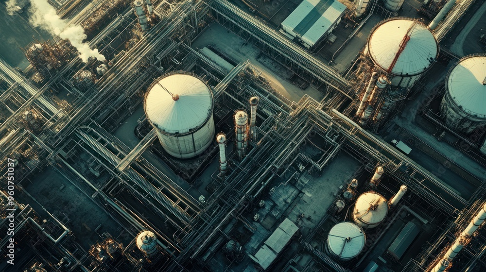 Poster Aerial View of a Large Industrial Complex with Storage Tanks and Pipelines
