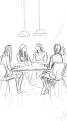 A simple line drawing of five people sitting around a table, talking against a white background