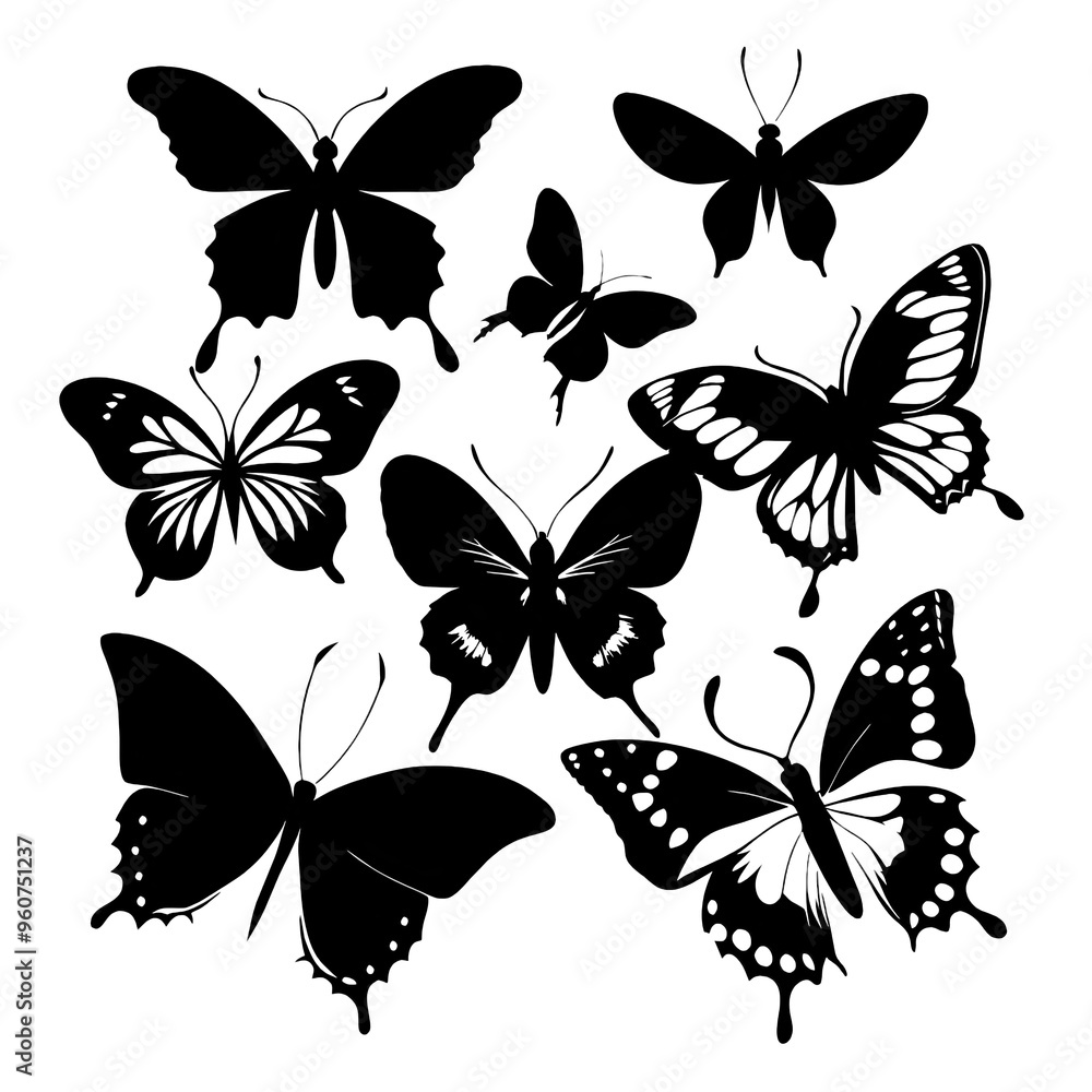 Poster this artwork features a set of detailed black silhouette butterflies each displaying unique shapes a