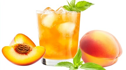 A glass of orange juice with a slice of peach on the side