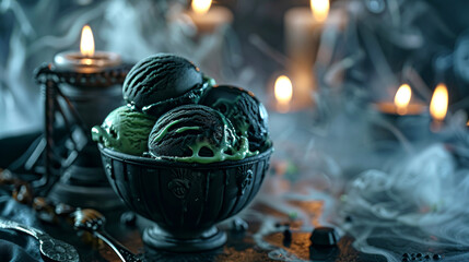 Hauntingly gothic black ice cream in ornate bowl, surrounded by eerie atmosphere with glowing candles and mist. perfect for Halloween themed designs or spooky occasions.