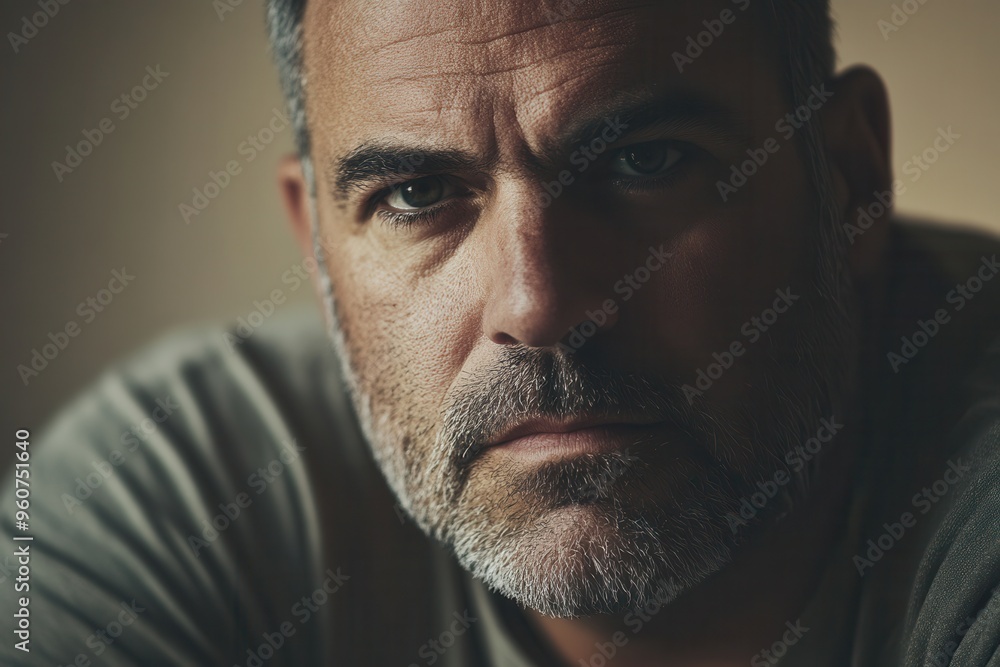 Aufkleber a man with a thoughtful expression displays seriousness, deep in contemplation in a softly lit setti