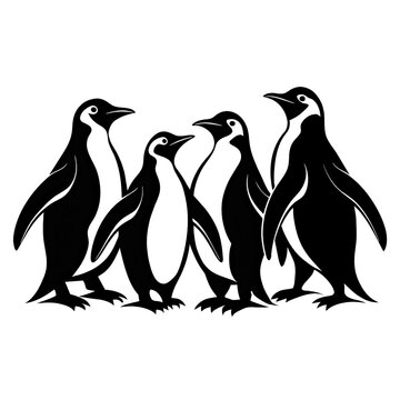 recommend clip art: Five black silhouette penguins stand in a group showcasing their distinct shapes against a stark white backdrop creating a striking visual contrast
