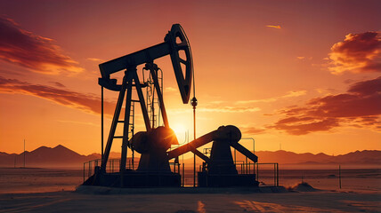 Naklejka premium silhouette of oil industrial pump in the desert against the sunset, stock quotes chart,
