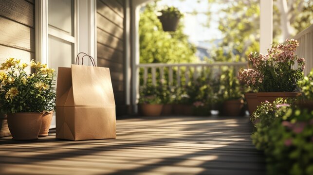 Food goods grocery bag standing near the front door, on the doorstep delivery, wallpaper background