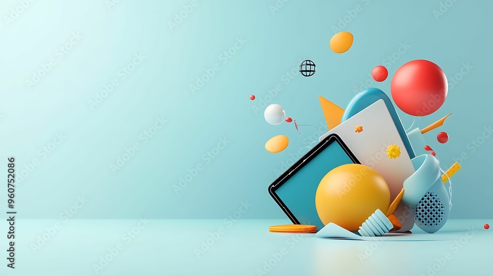 Poster enchanting digital adventure - cute characters exploring a vibrant 3d world with copy space for text