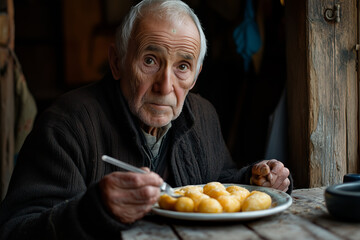 An elderly man enjoys a comforting meal at his rustic home while savoring traditional flavors with a warm expression
