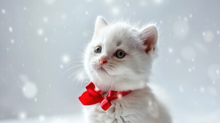 Fototapeta premium A cute white kitten wearing a red bow tie