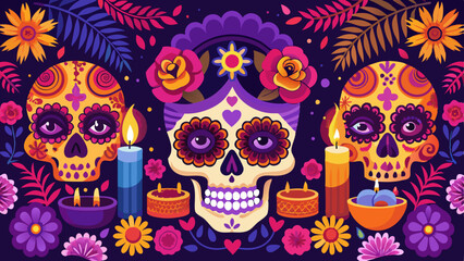 Day of the Dead Celebration with Three Sugar Skulls, Candles, and Flowers
