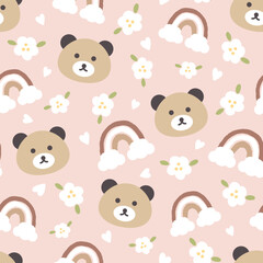Cute teddy bear on a pink pastel backgroud with hears and rainbow with flowers seamless pattern background.