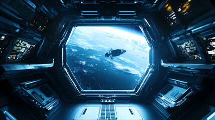 Bright spaceship interior with a view out a dark window. generative ai. Space Station. Illustration