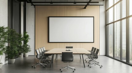 Modern conference room with a large blank frame on the wall for mockup display, featuring a long table, black chairs, floor-to-ceiling windows, and greenery for a minimalist, professional look