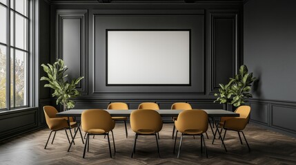 Elegant conference room with mustard yellow chairs around a sleek table, dark walls, large windows, and framed mockup on the wall for presentations