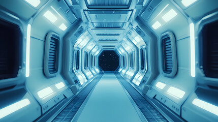 Futuristic space station or spaceship interior corridor. science fiction concept 3d rendering. Space Station. Illustration