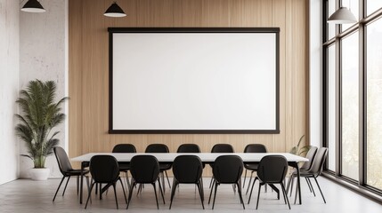 Modern conference room with large blank screen, black chairs, white table, and natural light from floor-to-ceiling windows