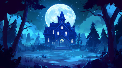 Haunted mansion in the woods under a full moon. Haunted Mansion. Illustration