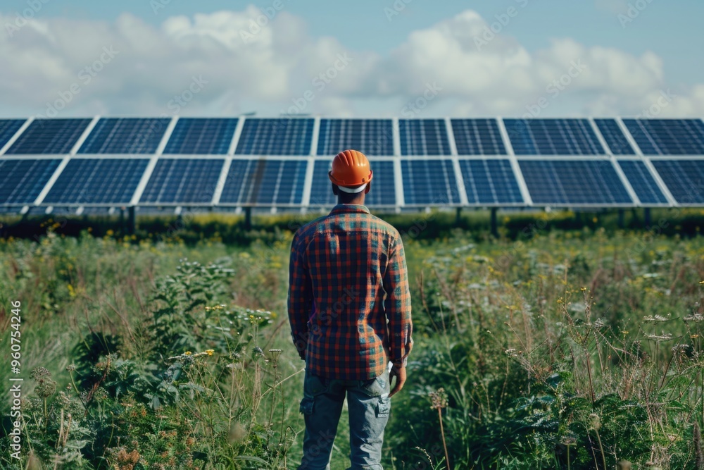 Poster a person stands in a field with a solar panel in the background, suitable for uses such as science a