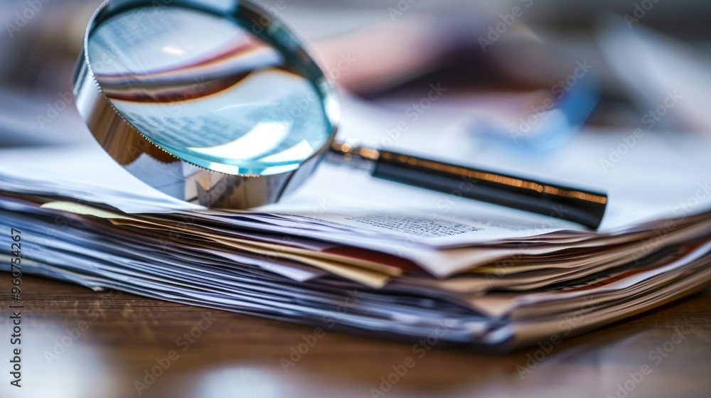 Aufkleber a magnifying glass sits atop a stack of papers, perfect for finding details in documents or studying