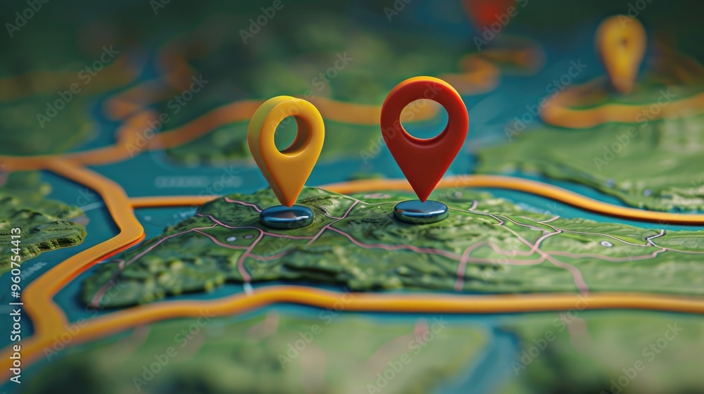 Poster A close-up view of a map with various pins marking locations, useful for travel and navigation
