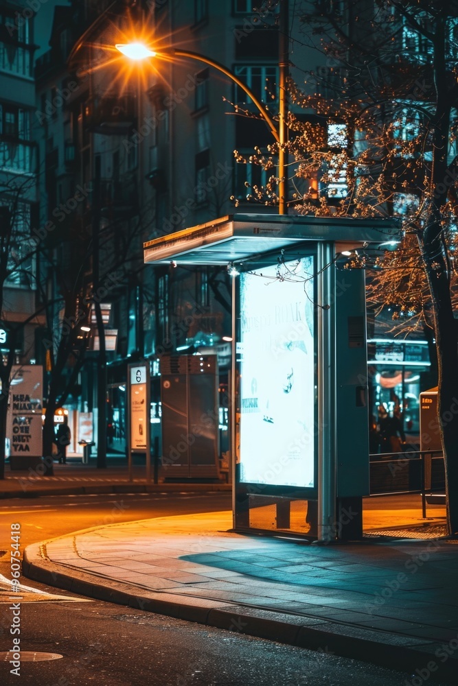 Wall mural A busy city street with a bus stop lit up at night, ideal for travel or transportation themed projects