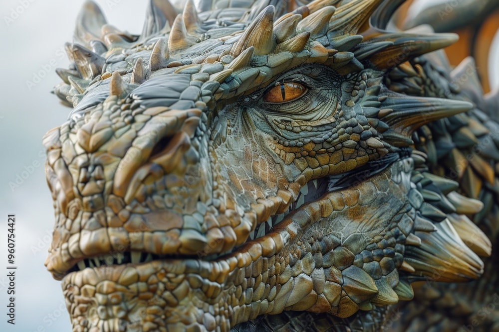 Poster a detailed view of a mythical dragon's face, often used in fantasy and mythology-related contexts