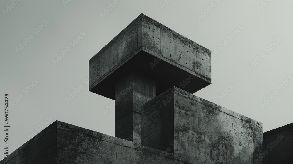 Poster A monochromatic image of a concrete structure with clean lines and geometric shapes