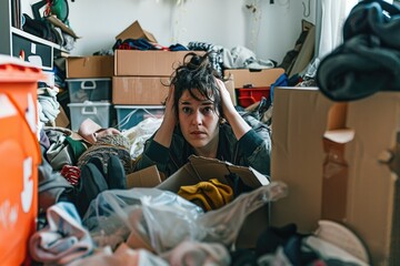 A person sitting on the floor surrounded by household items and clutter