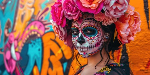 A woman with vibrant makeup featuring a colorful sugar skull design