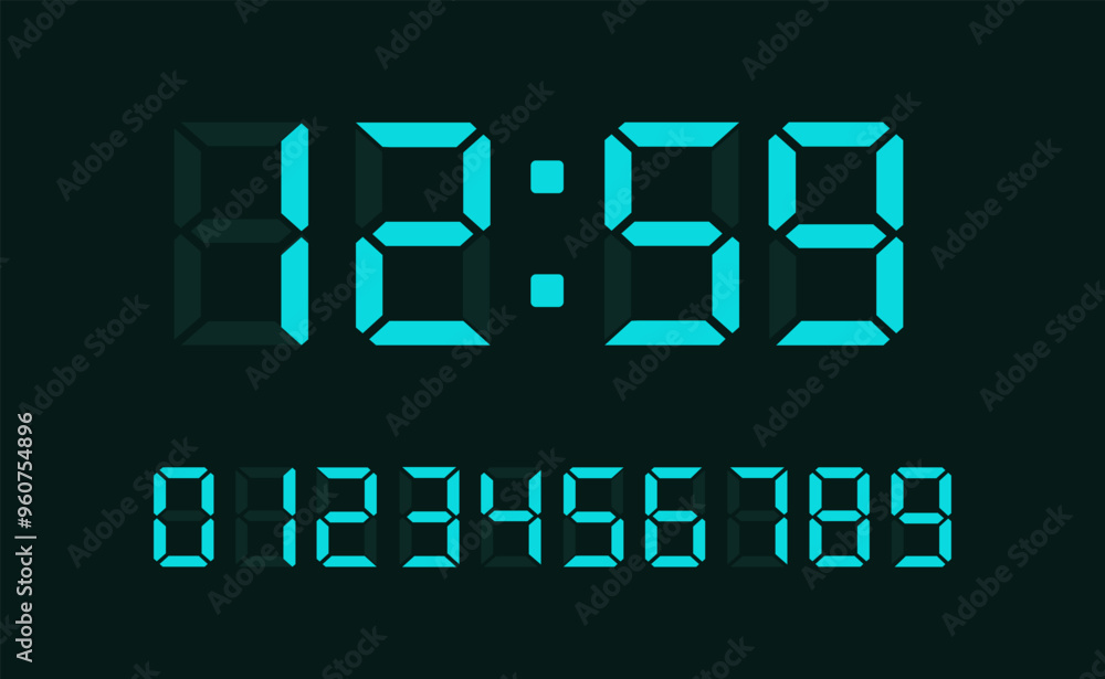 Poster blue digital led numbers. electronic or digital clock counter with led figures. vector eps 10