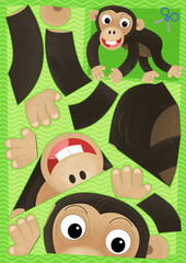 cartoon scene with character puzzle cutout educational exercise manual work with scissors animal ape monkey chimpanzee illustration for children