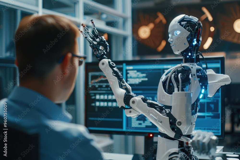 Poster a person working alongside a robot at a desk, great for illustrations on technology and innovation