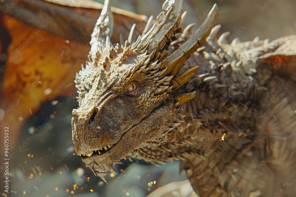 Poster close-up shot of a dragon's head with sharp spikes, perfect for fantasy or mythical creatures themes